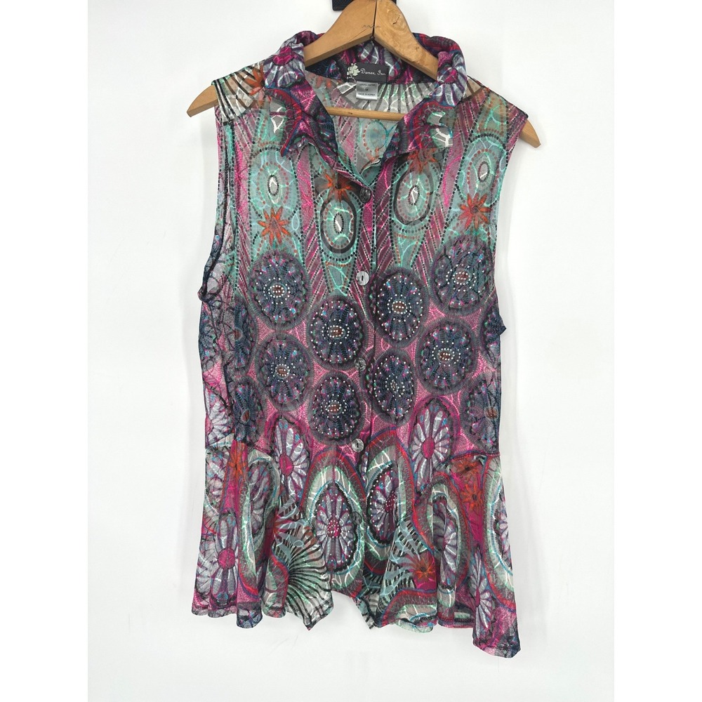 Damee Women M Mesh Tunic Top Sleeveless Rhinestone Art to Wear Artsy Boho Button